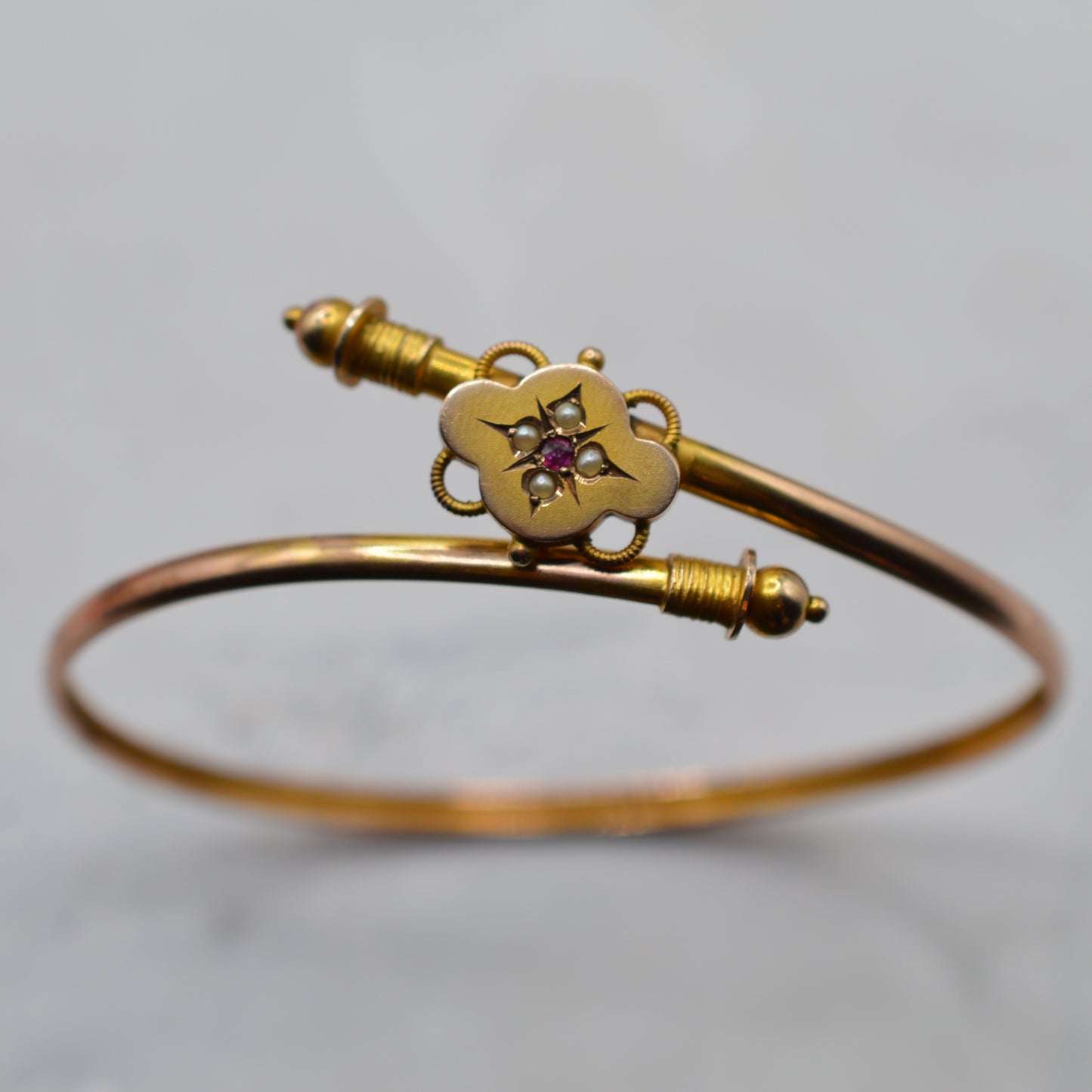 1894 Antique Victorian 9ct Gold Ruby & Pearl Bangle Bracelet
