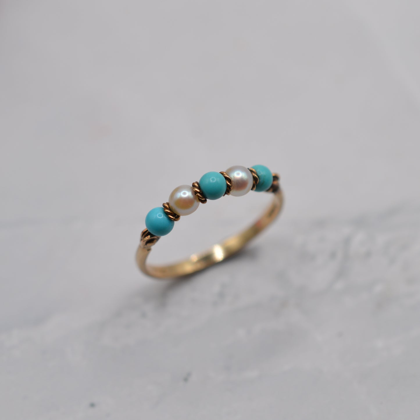 1980s 9ct Gold Turquoise & Pearl Five-Stone Ring