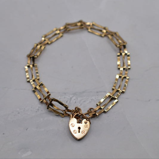 1980s 9ct Gold Three-Bar Gate Bracelet with Heart Padlock (7.5”) 