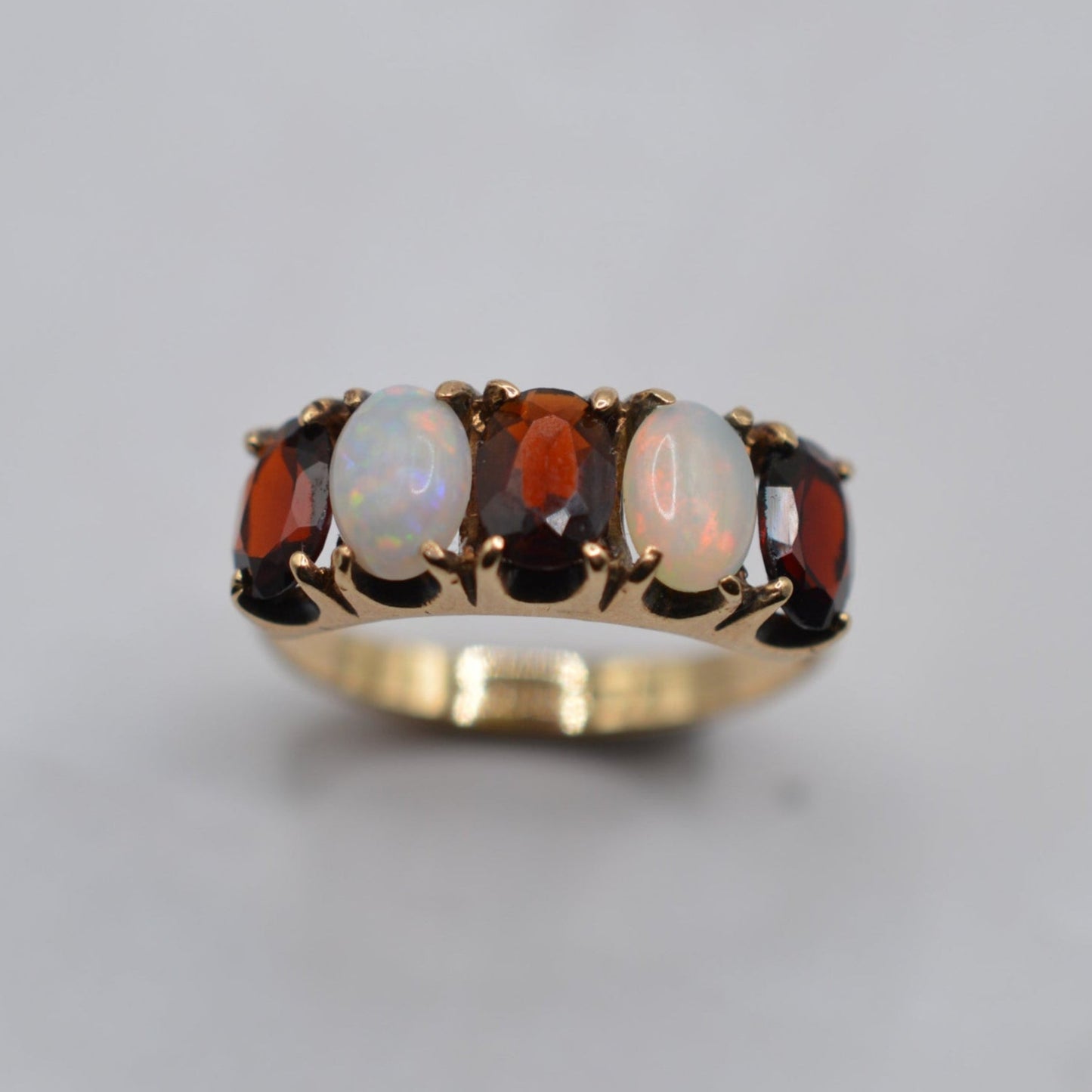1970s Vintage 9ct Gold Garnet & Opal Five-Stone Ring