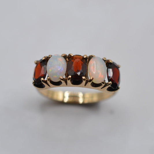 1970s Vintage 9ct Gold Garnet & Opal Five-Stone Ring