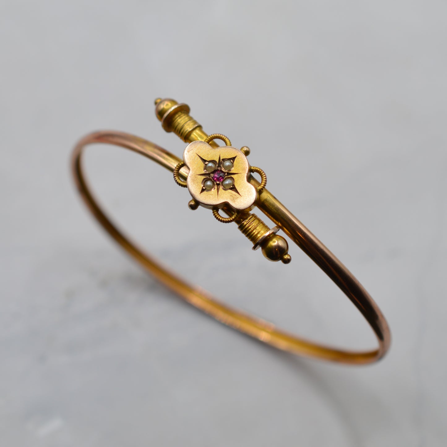 1894 Antique Victorian 9ct Gold Ruby & Pearl Bangle Bracelet