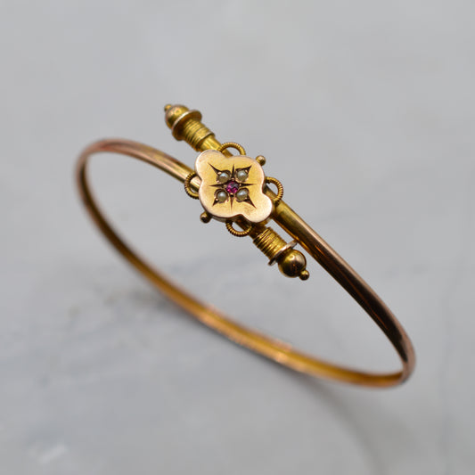 1894 Antique Victorian 9ct Gold Ruby & Pearl Bangle Bracelet