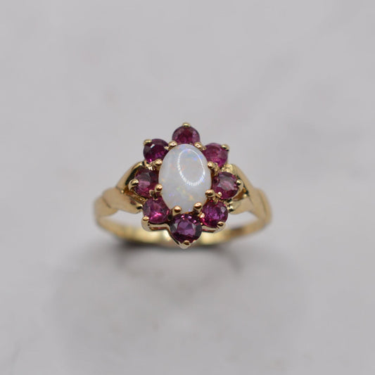 1980s Vintage 9ct Gold Opal & Ruby Cluster Ring