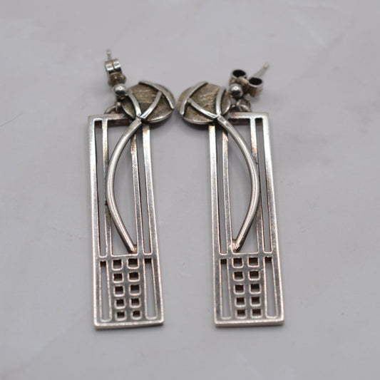 1990s Sterling Silver Large Rennie Mackintosh Style Drop Earrings