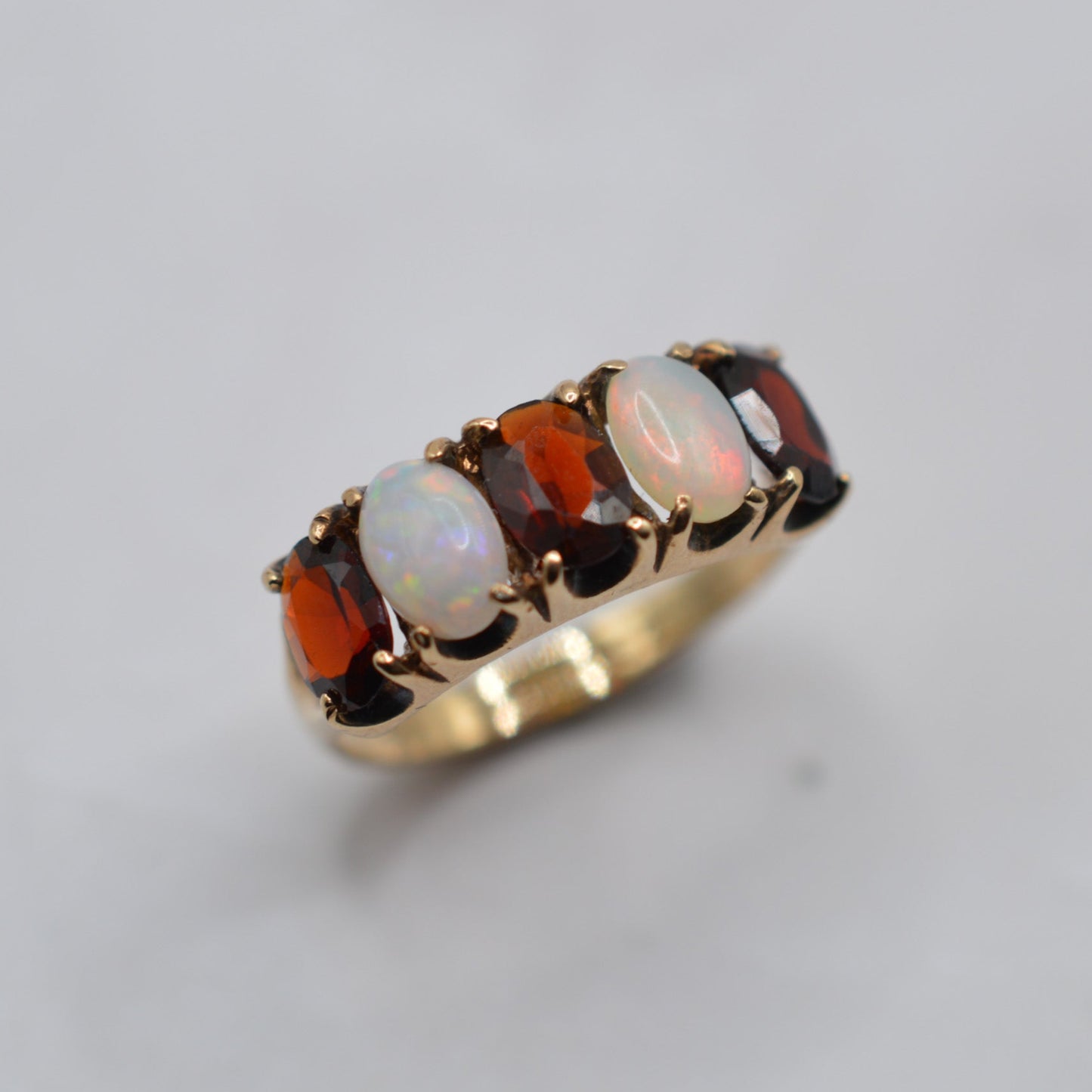1970s Vintage 9ct Gold Garnet & Opal Five-Stone Ring
