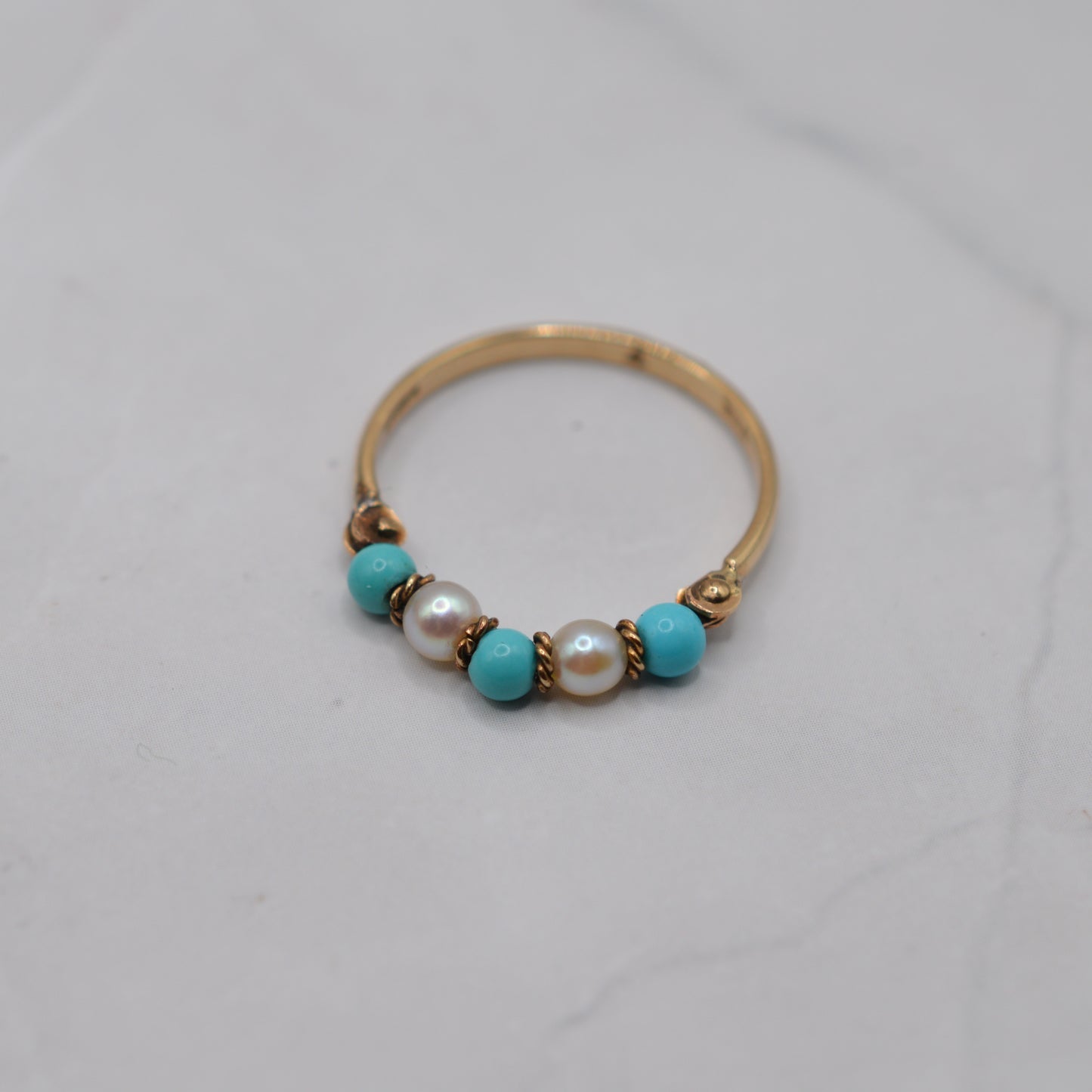 1980s 9ct Gold Turquoise & Pearl Five-Stone Ring