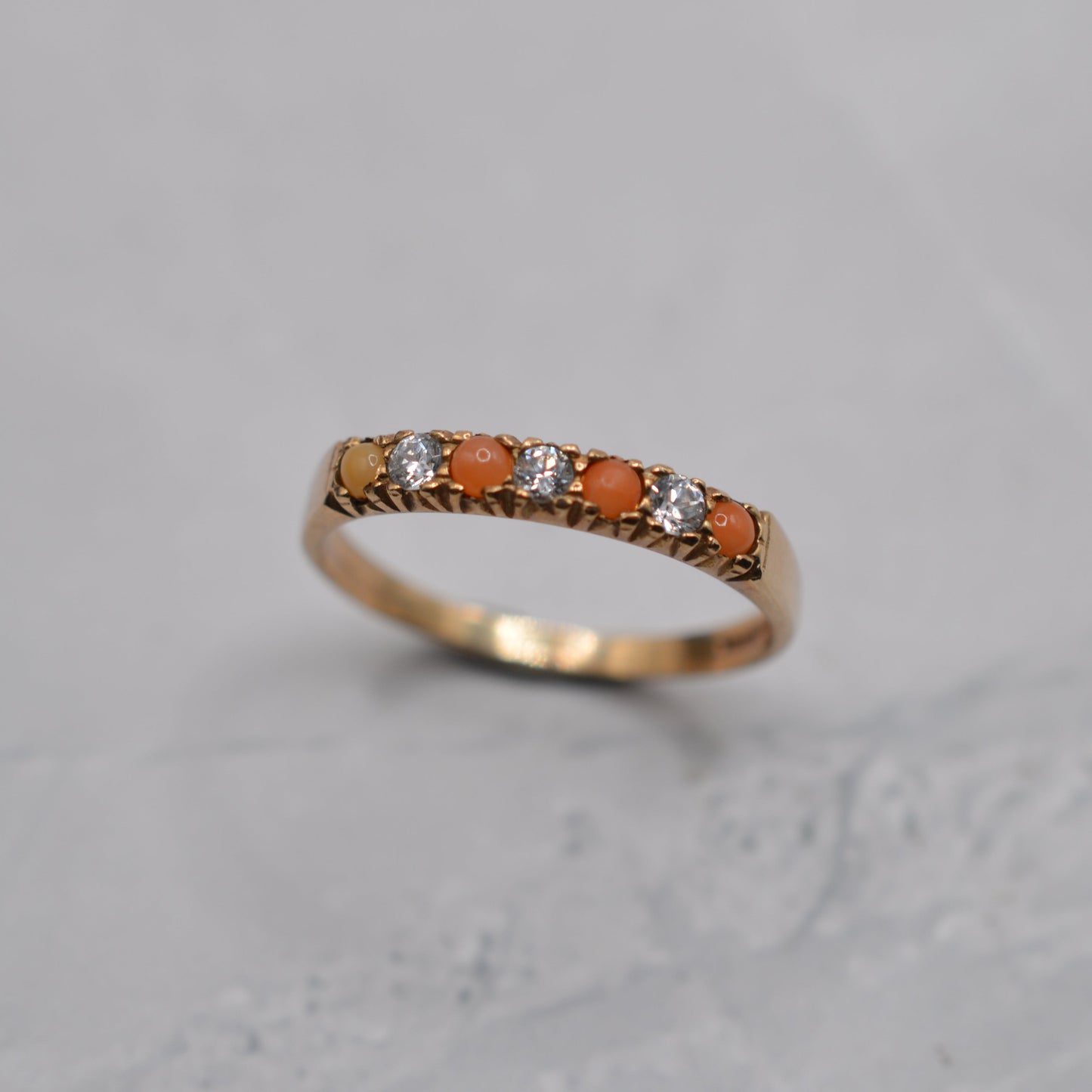 1980s 9ct Gold Coral & CZ Half-Eternity Ring