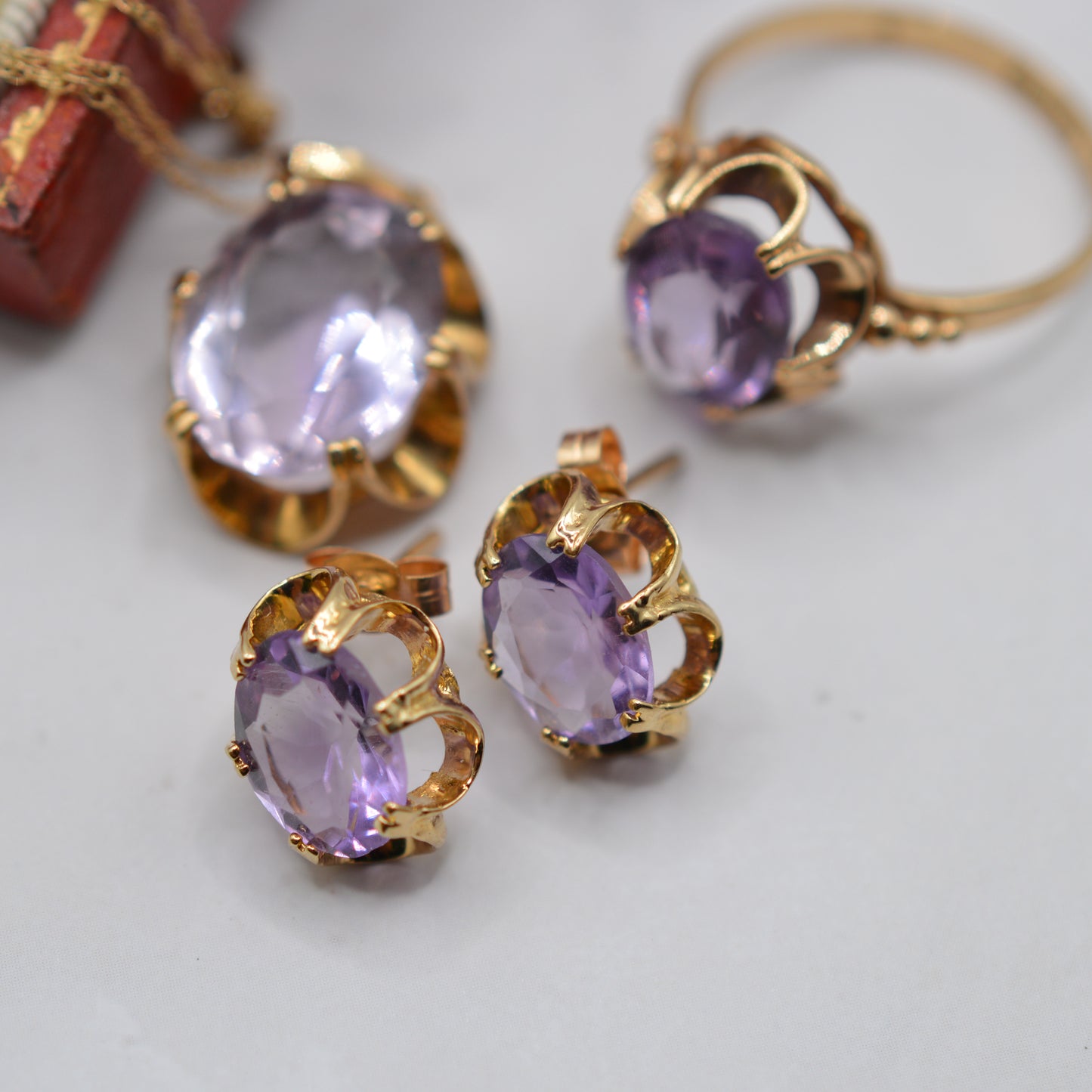Vintage 9ct Gold Amethyst Ring, Necklace & Earrings Suite