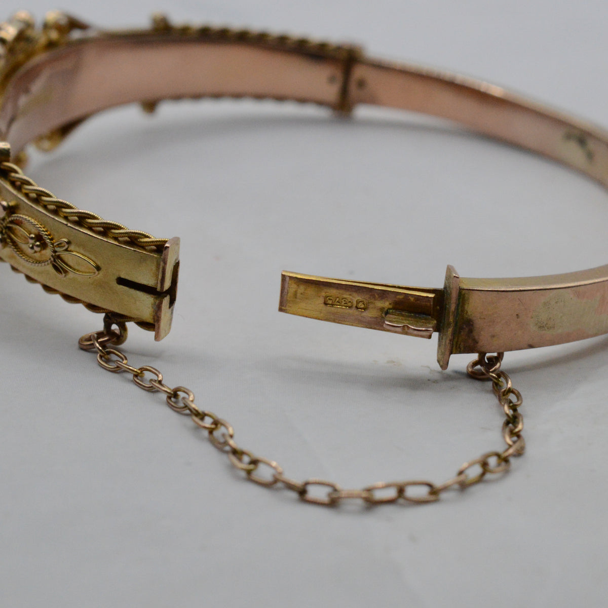 Edwardian 1906 9ct Gold Diamond Etruscan Revival Bangle Bracelet with Antique Box