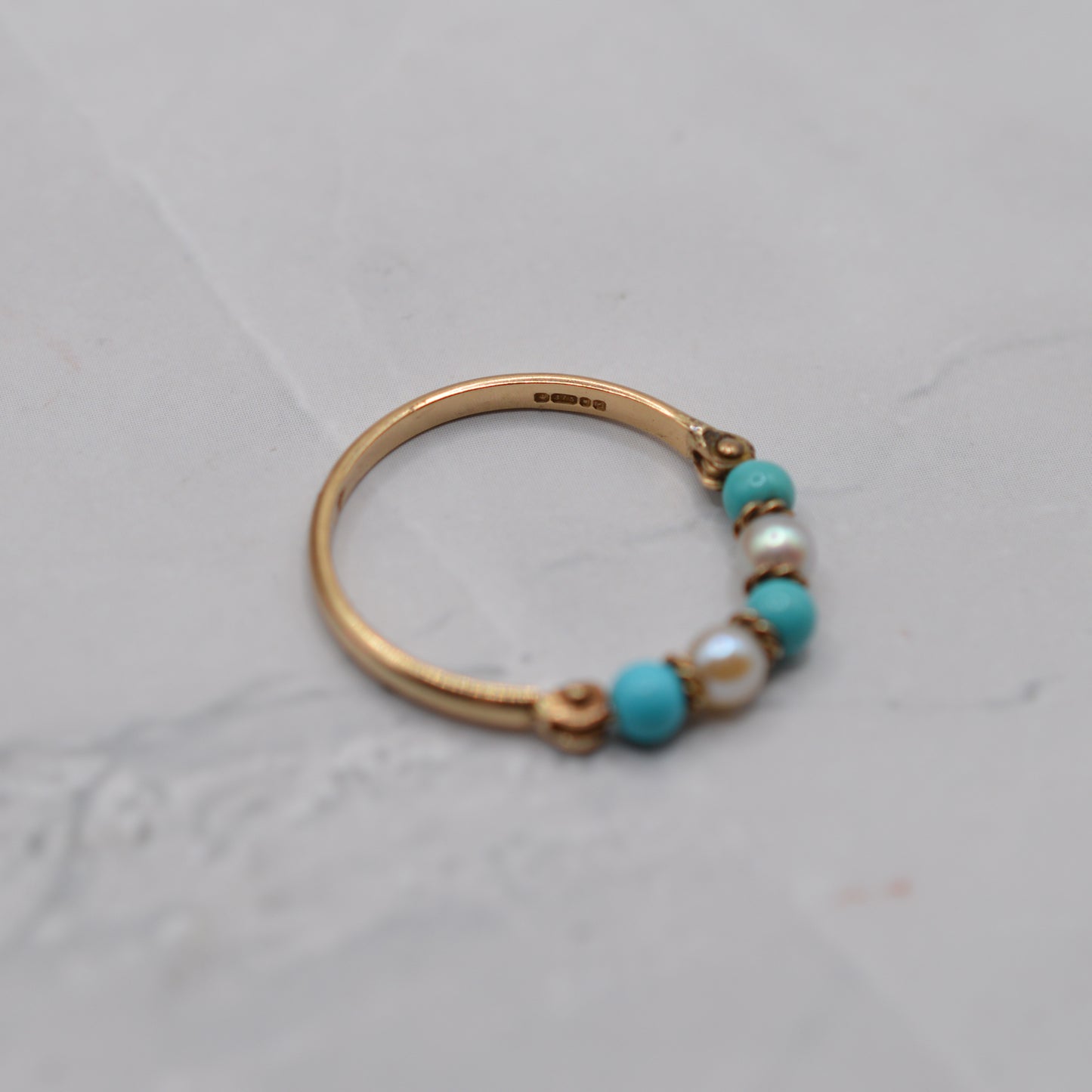 1980s 9ct Gold Turquoise & Pearl Five-Stone Ring