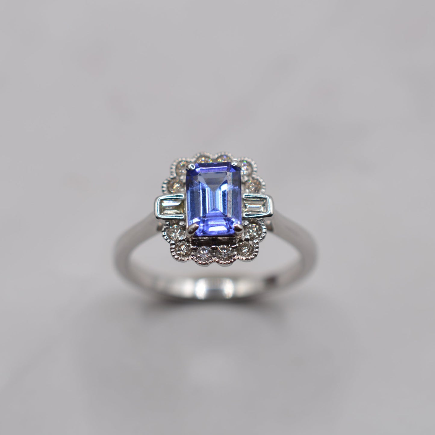 9ct White Gold Tanzanite & Diamond Halo Cluster Ring, Art Deco Style