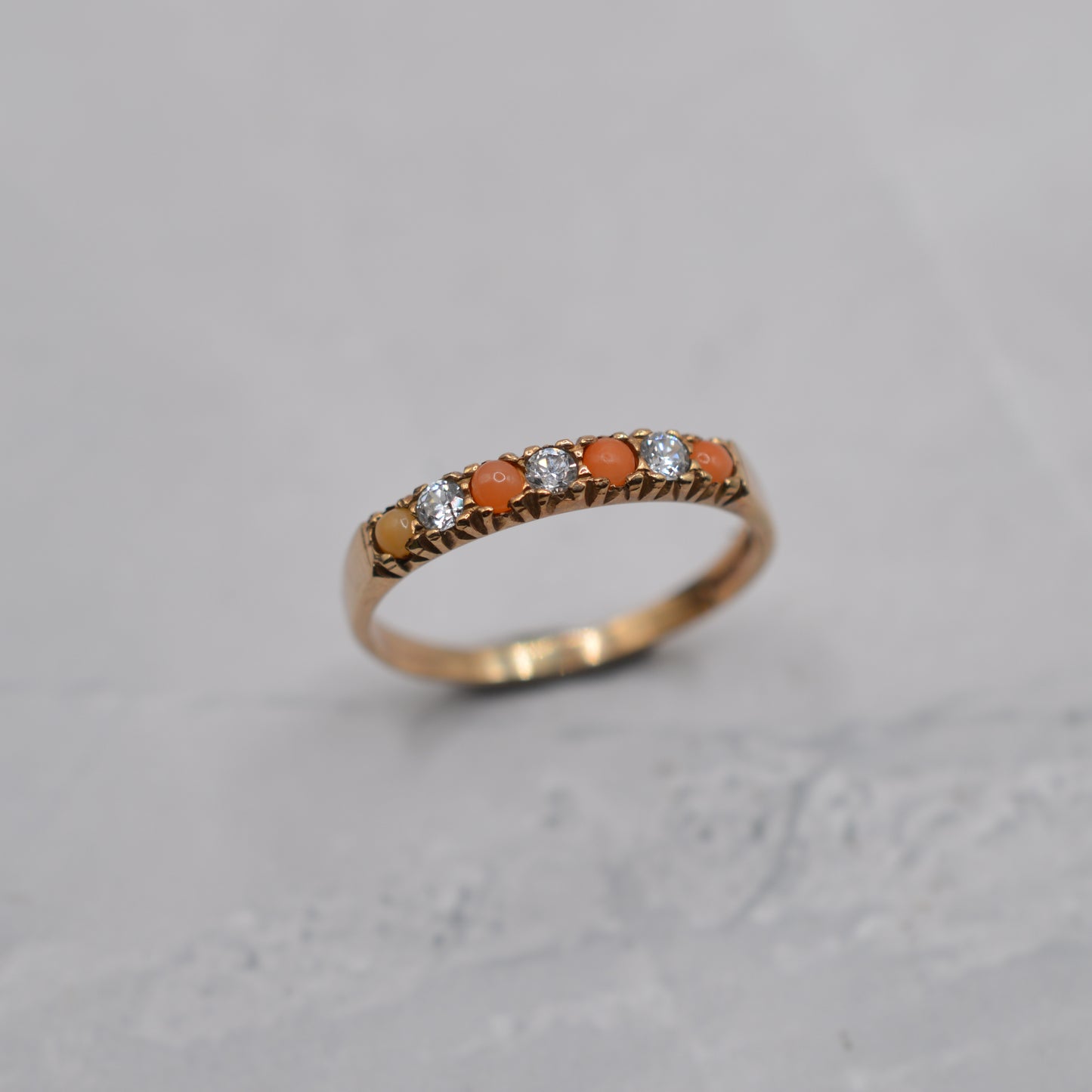 1980s 9ct Gold Coral & CZ Half-Eternity Ring