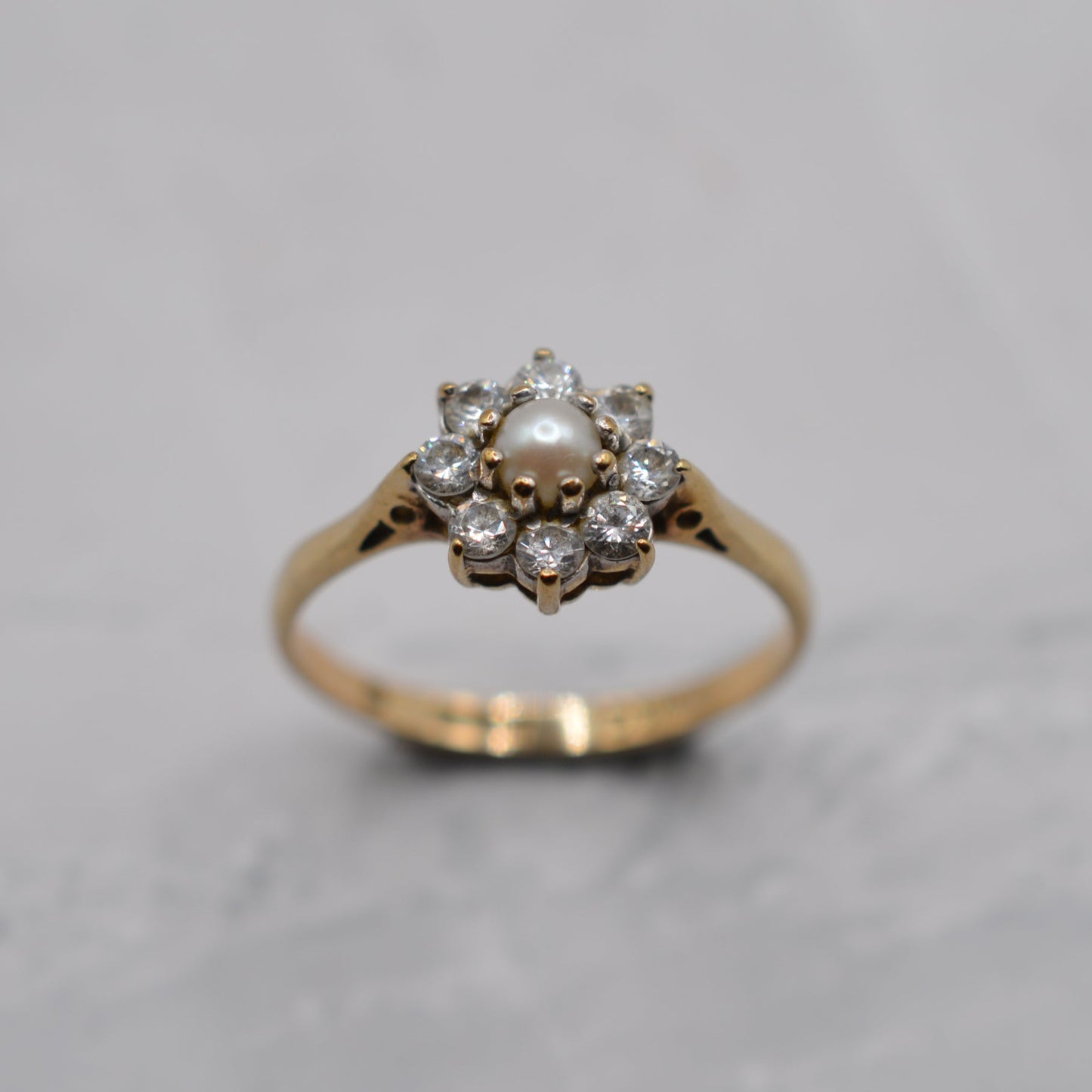 1980s 9ct Gold Pearl and C/Z Floral Cluster Ring