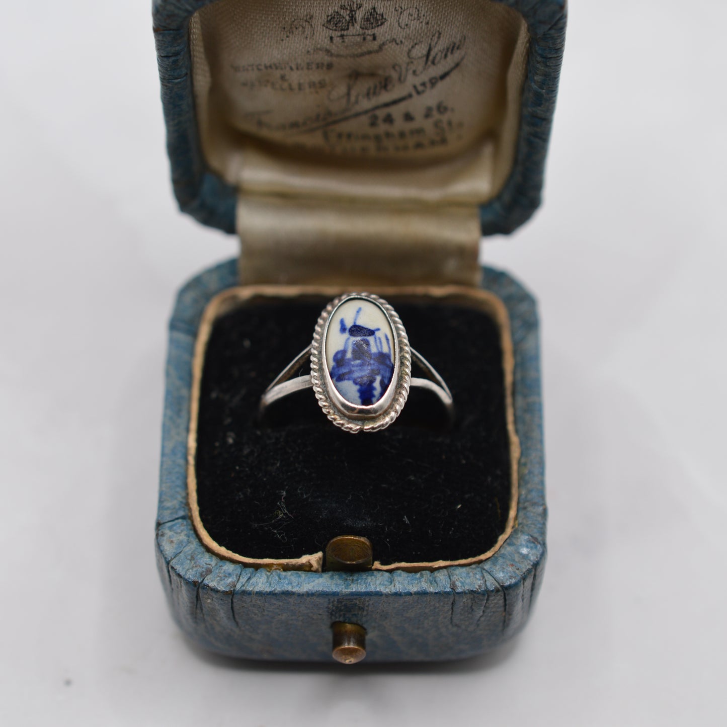 Vintage Delft Dutch Silver Blue & White Porcelain China Ring
