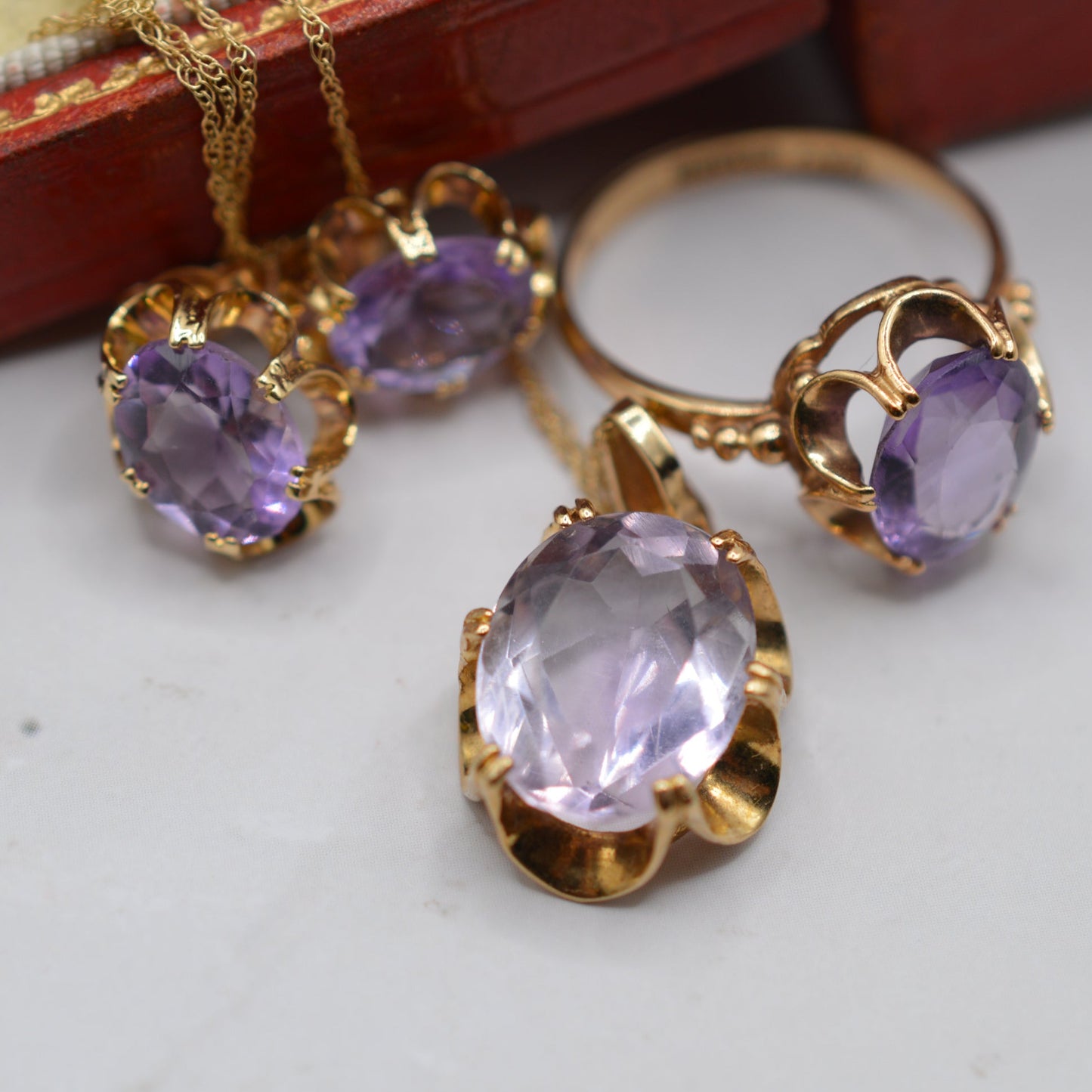 Vintage 9ct Gold Amethyst Ring, Necklace & Earrings Suite