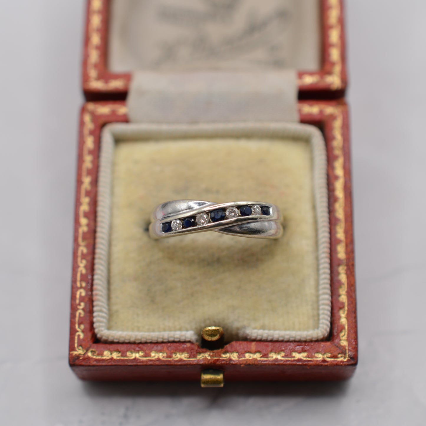 9ct White Gold Sapphire & Diamond Crossover Half-Eternity Ring
