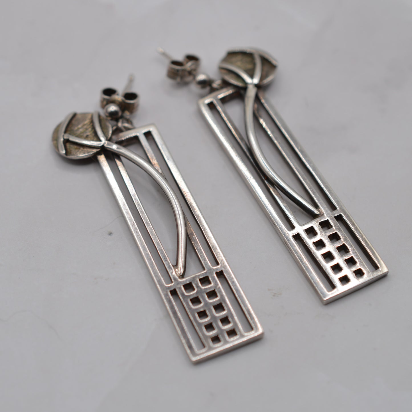 1990s Sterling Silver Large Rennie Mackintosh Style Drop Earrings