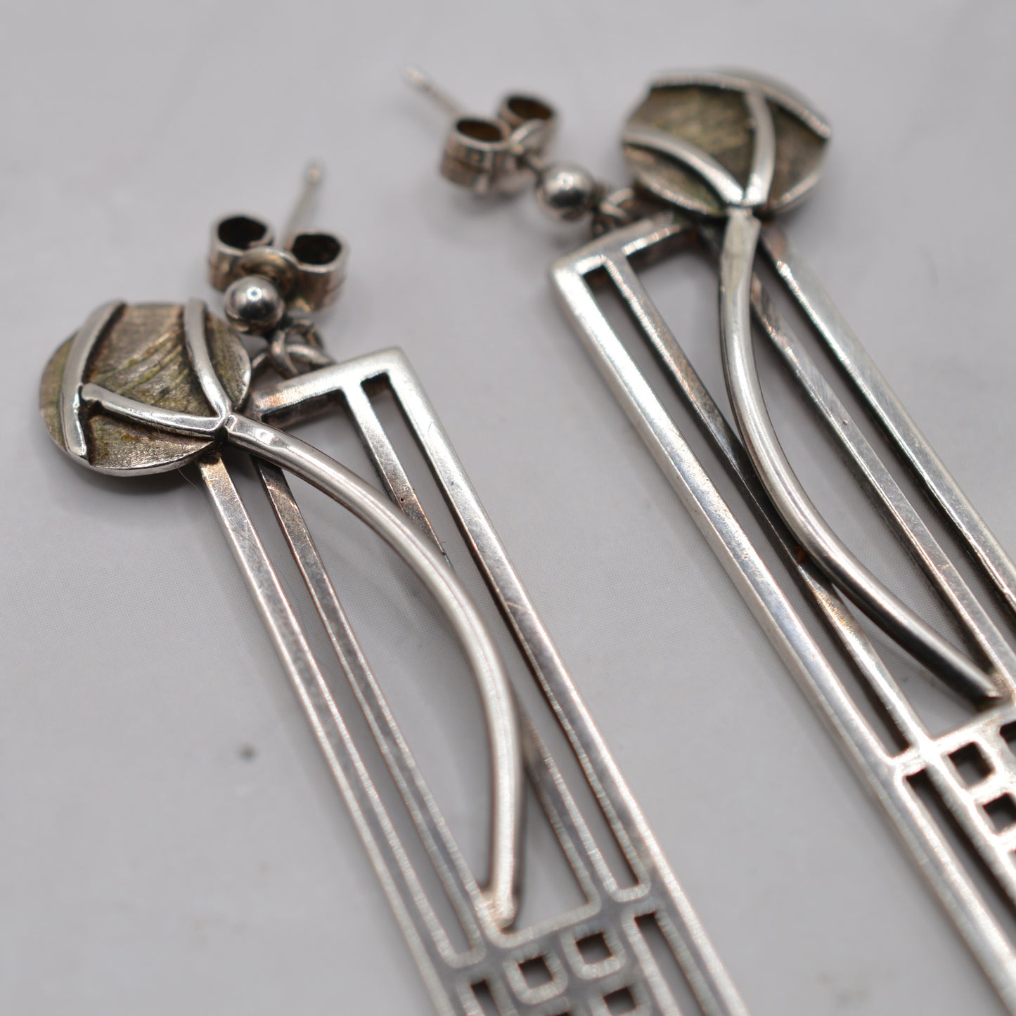 1990s Sterling Silver Large Rennie Mackintosh Style Drop Earrings