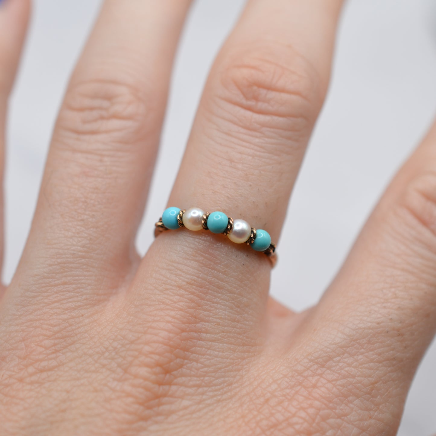 1980s 9ct Gold Turquoise & Pearl Five-Stone Ring