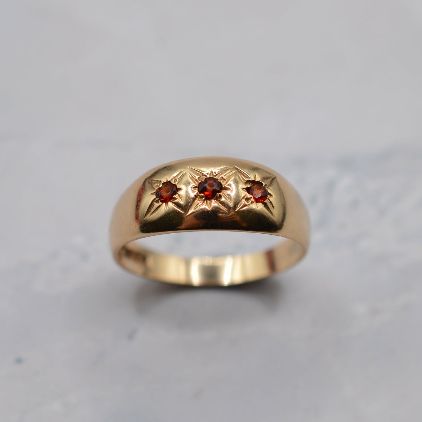 1970s Vintage 9ct Gold Garnet Trilogy Gypsy Ring
