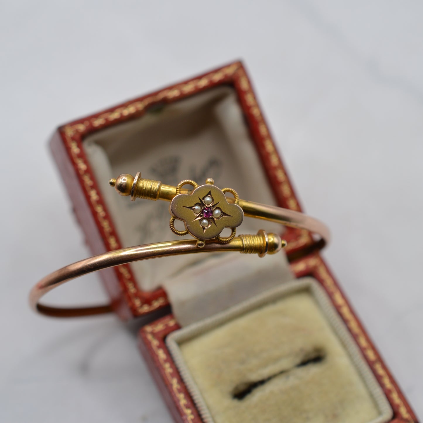 1894 Antique Victorian 9ct Gold Ruby & Pearl Bangle Bracelet