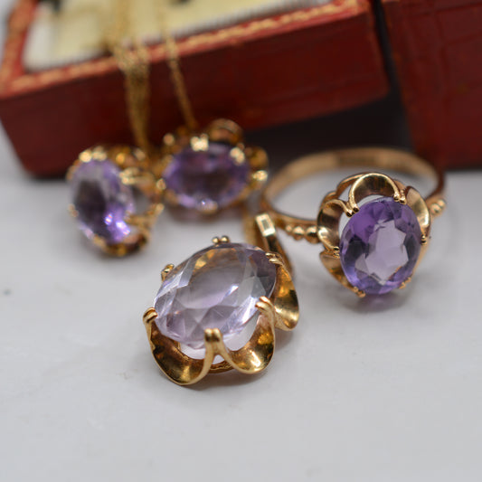 Vintage 9ct Gold Amethyst Ring, Necklace & Earrings Suite