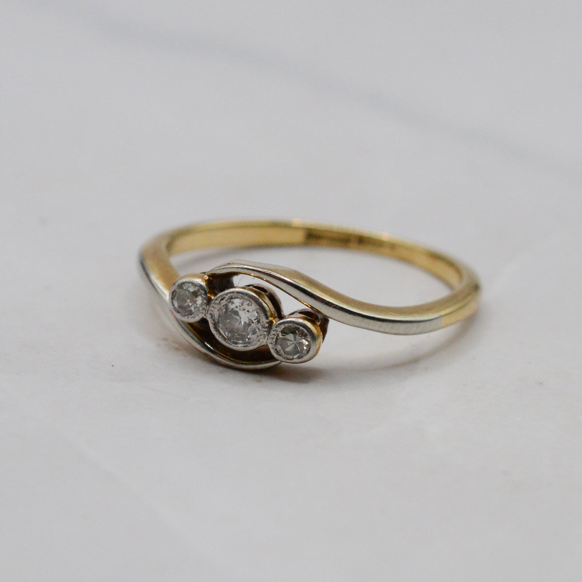 Antique 18ct Gold & Platinum Diamond Trilogy Bypass Ring