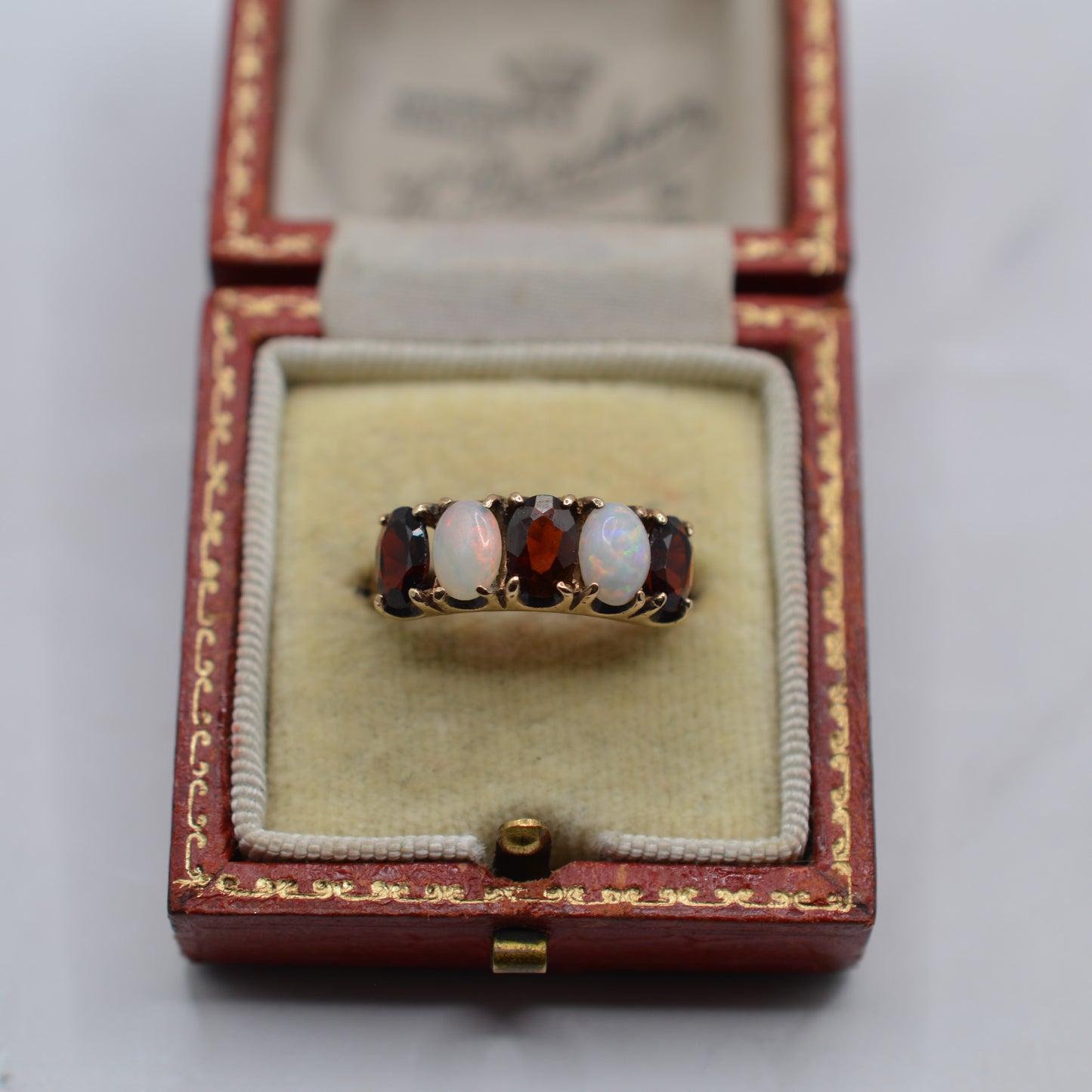 1970s Vintage 9ct Gold Garnet & Opal Five-Stone Ring