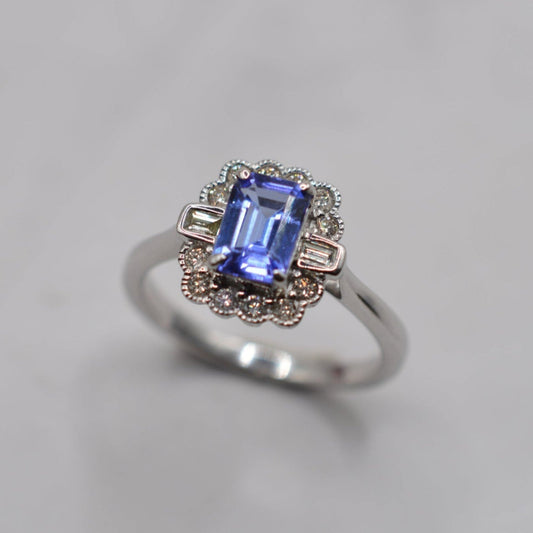 9ct White Gold Tanzanite & Diamond Halo Cluster Ring, Art Deco Style