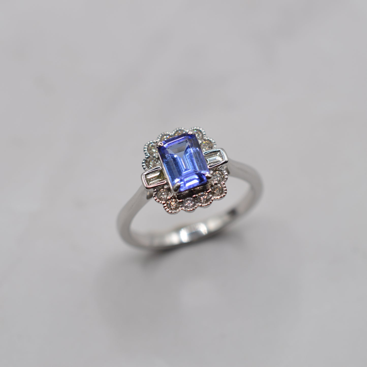 9ct White Gold Tanzanite & Diamond Halo Cluster Ring, Art Deco Style
