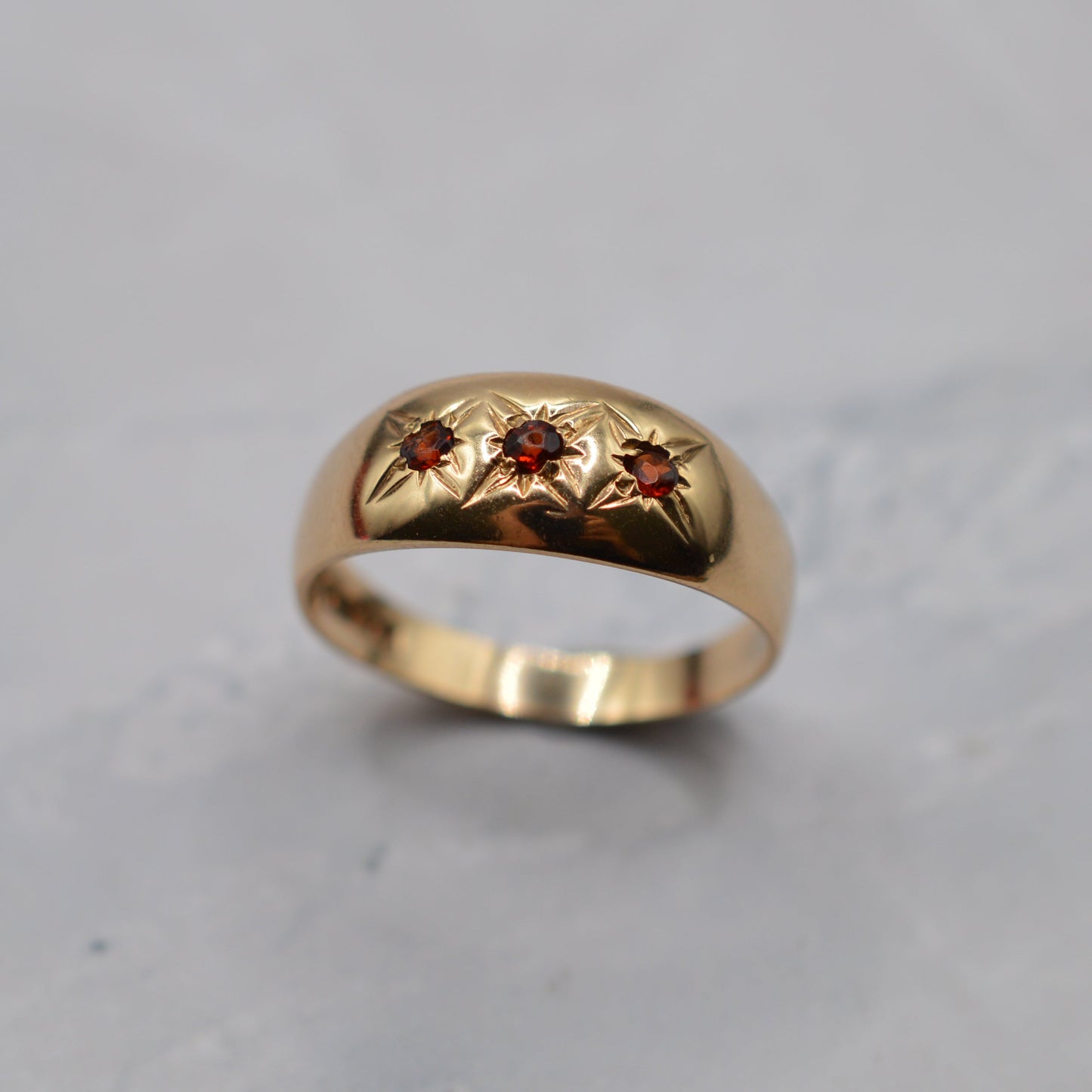 1970s Vintage 9ct Gold Garnet Trilogy Gypsy Ring