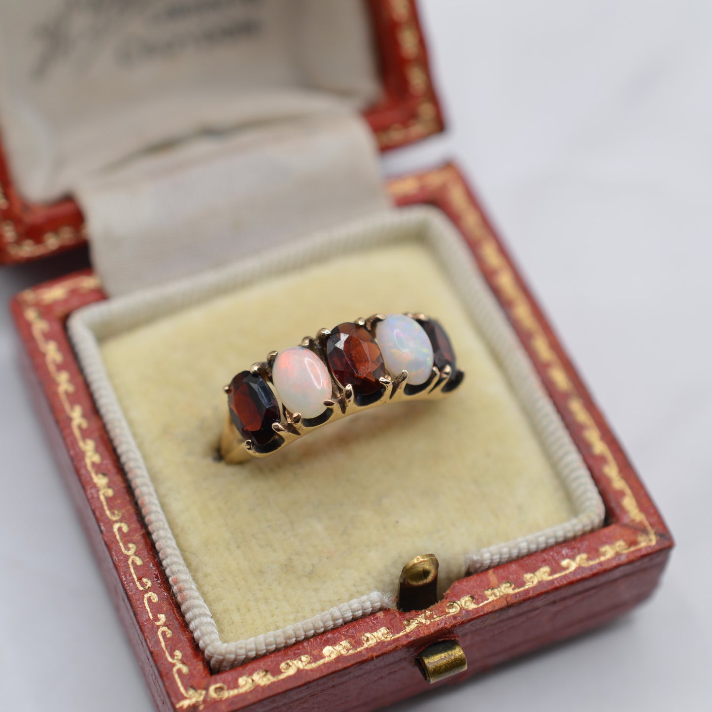 1970s Vintage 9ct Gold Garnet & Opal Five-Stone Ring