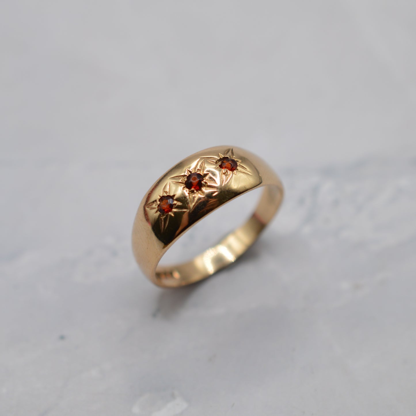 1970s Vintage 9ct Gold Garnet Trilogy Gypsy Ring