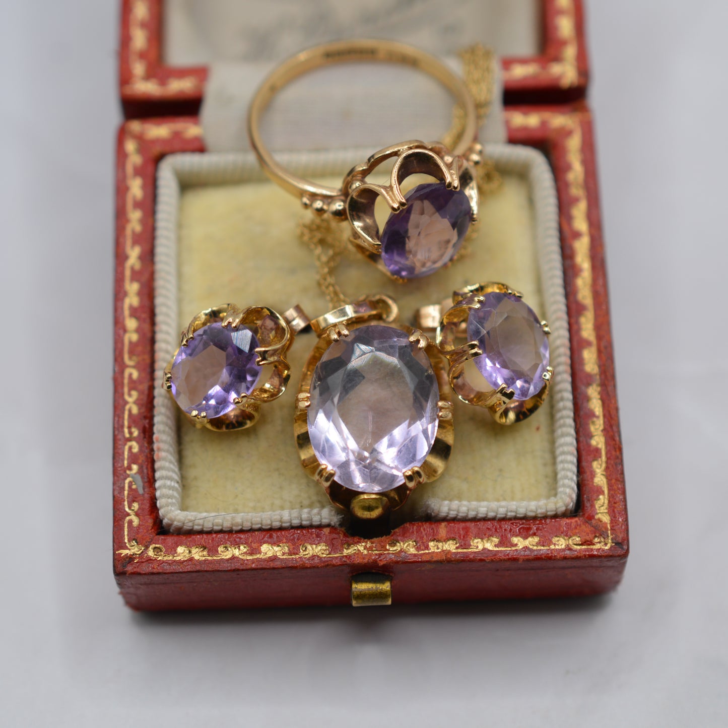 Vintage 9ct Gold Amethyst Ring, Necklace & Earrings Suite