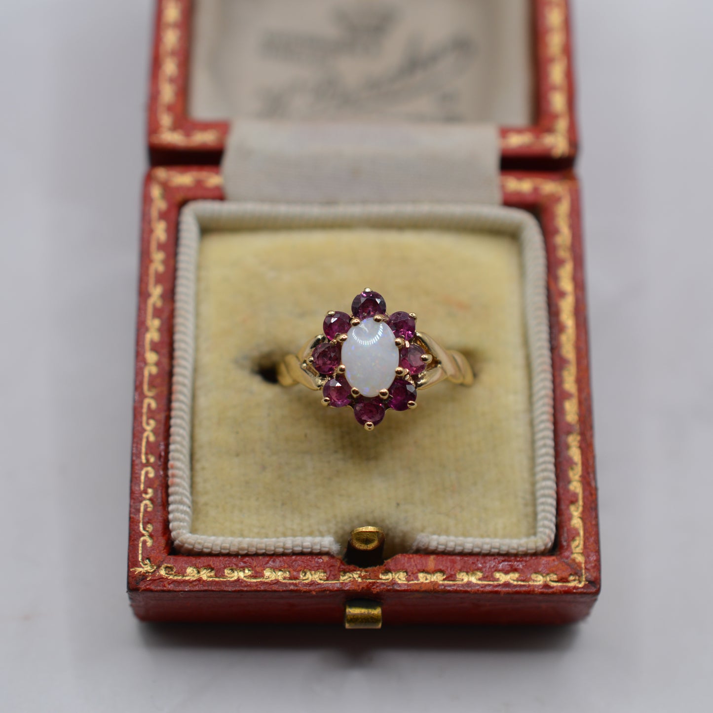 1980s Vintage 9ct Gold Opal & Ruby Cluster Ring