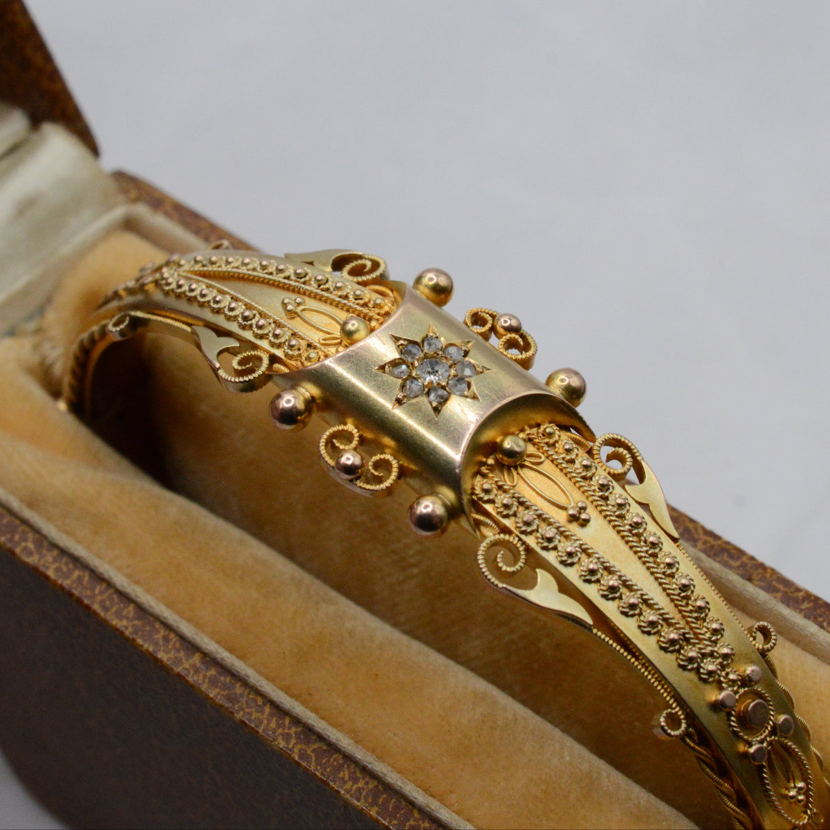 Edwardian 1906 9ct Gold Diamond Etruscan Revival Bangle Bracelet with Antique Box