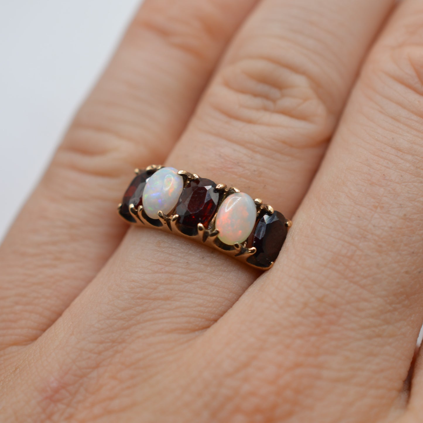 1970s Vintage 9ct Gold Garnet & Opal Five-Stone Ring