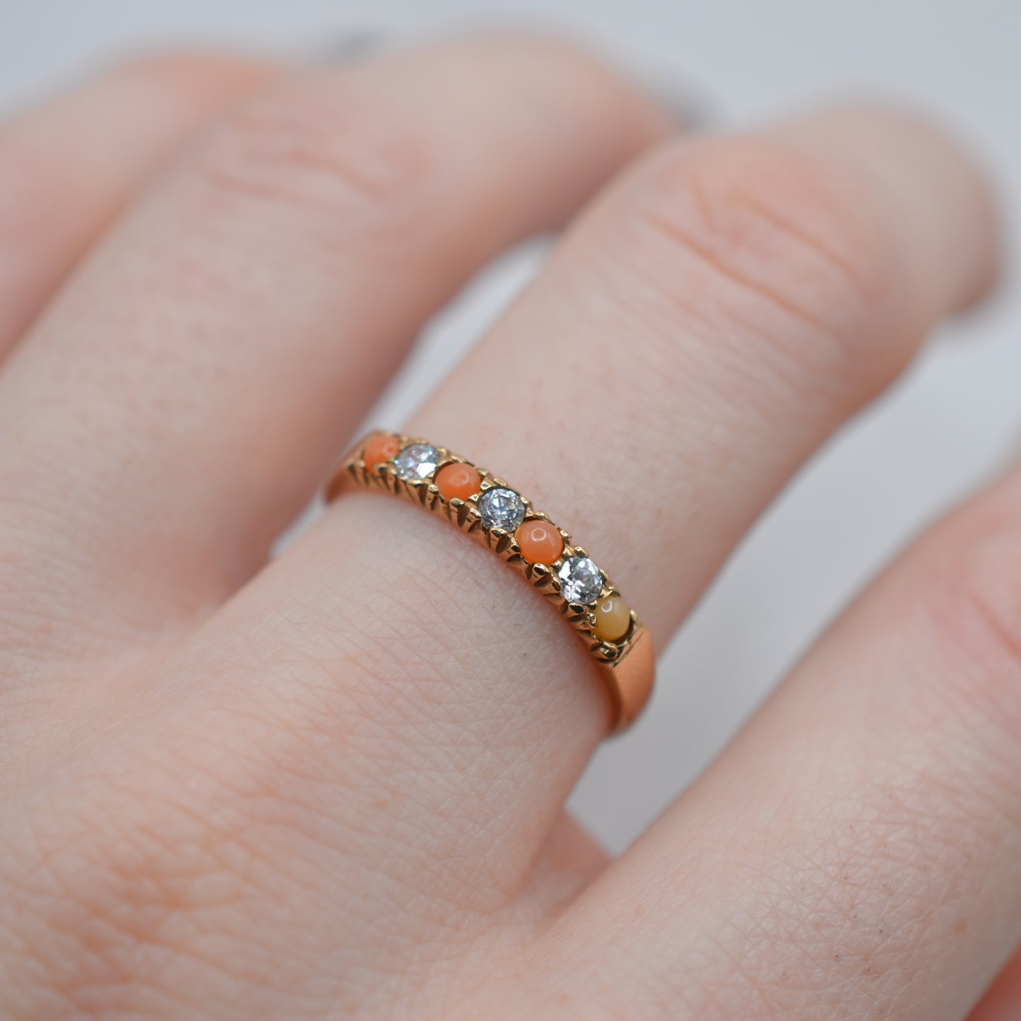 1980s 9ct Gold Coral & CZ Half-Eternity Ring