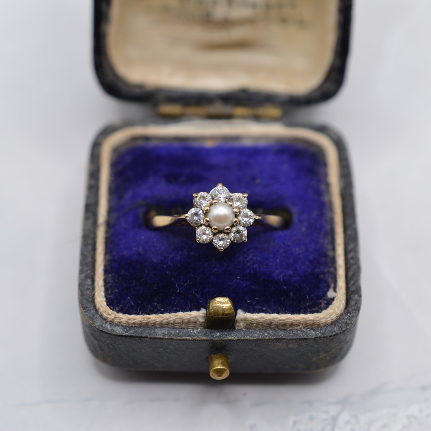 1980s 9ct Gold Pearl and C/Z Floral Cluster Ring