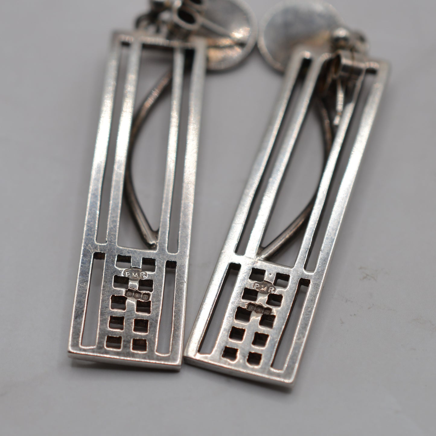 1990s Sterling Silver Large Rennie Mackintosh Style Drop Earrings