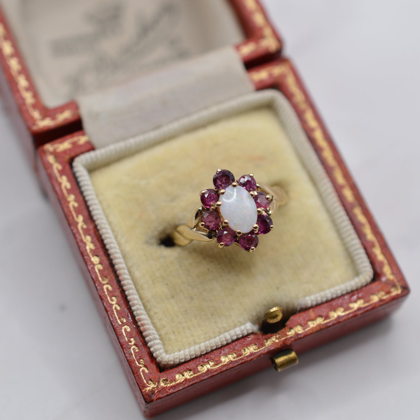 1980s Vintage 9ct Gold Opal & Ruby Cluster Ring