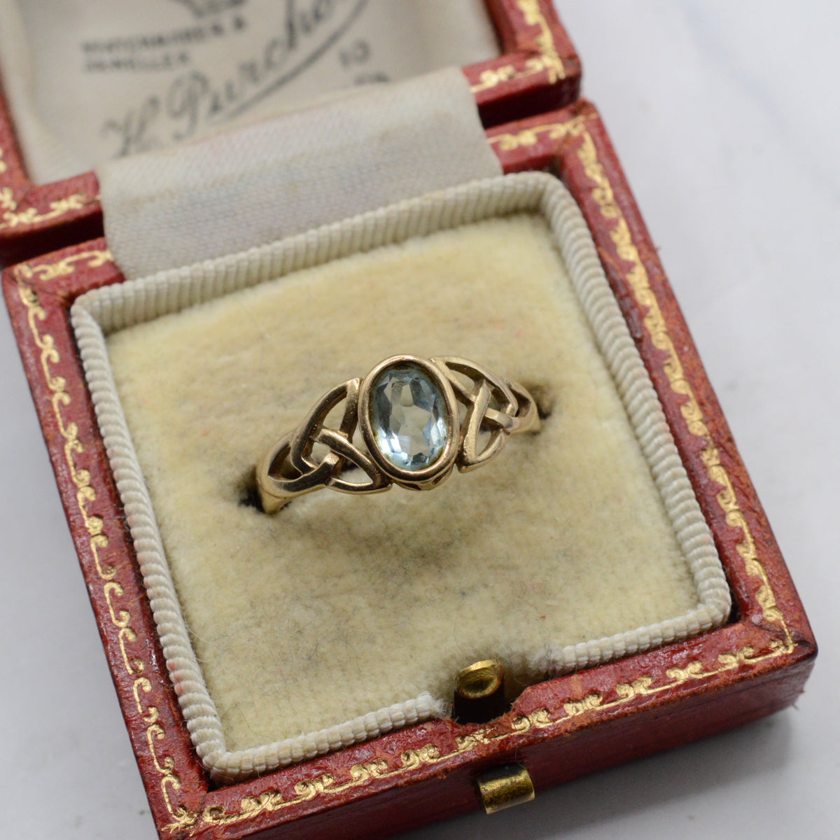 9ct Gold Blue Topaz Celtic Trinity Ring