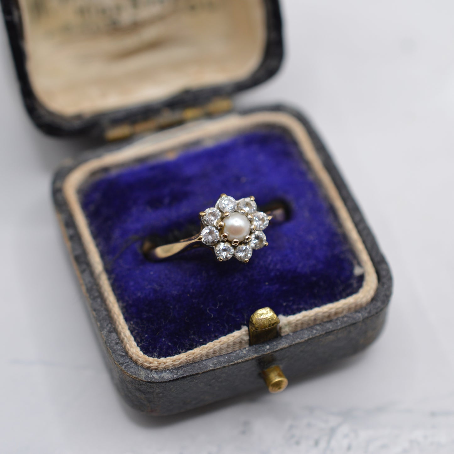 1980s 9ct Gold Pearl and C/Z Floral Cluster Ring