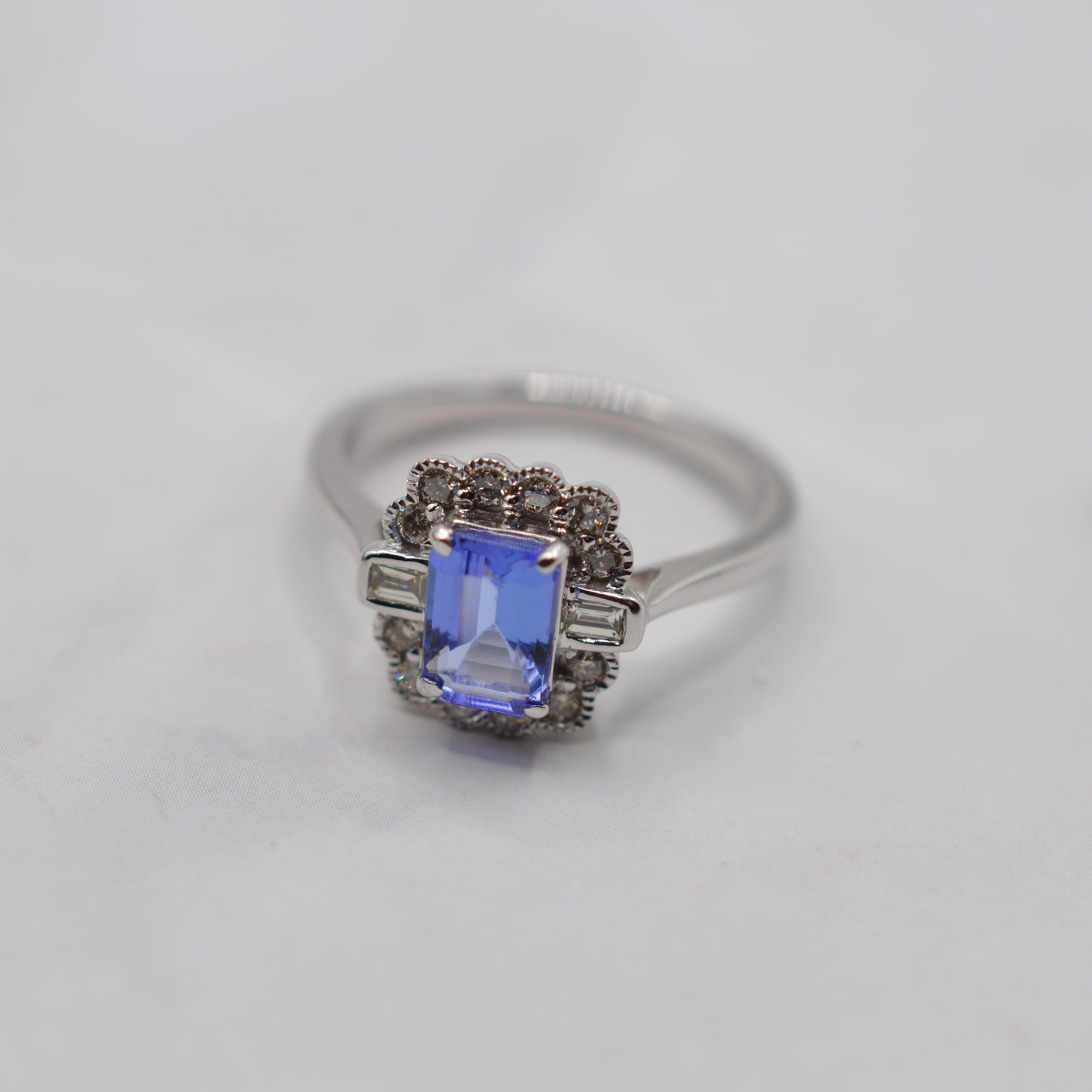 9ct White Gold Tanzanite & Diamond Halo Cluster Ring, Art Deco Style