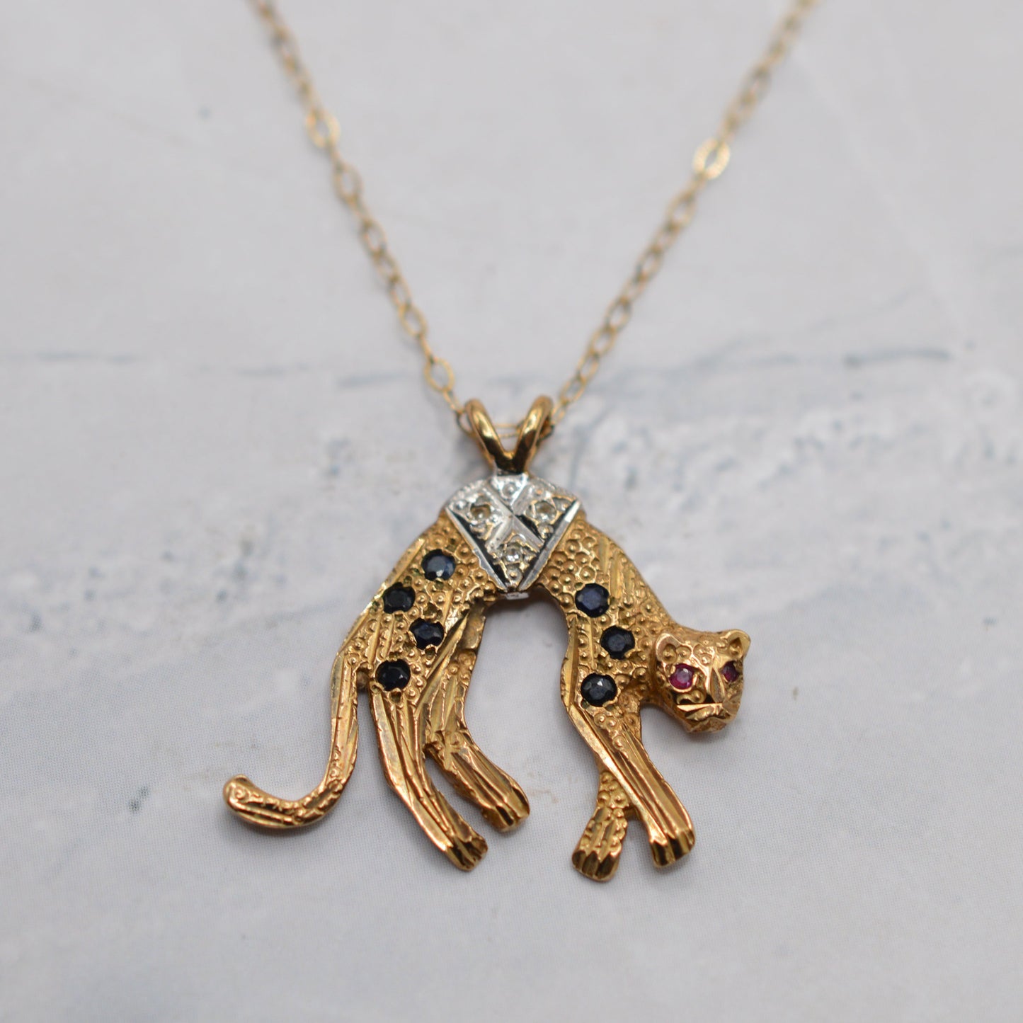 9ct Gold Diamond, Sapphire & Ruby Panther Pendant Necklace (16”)