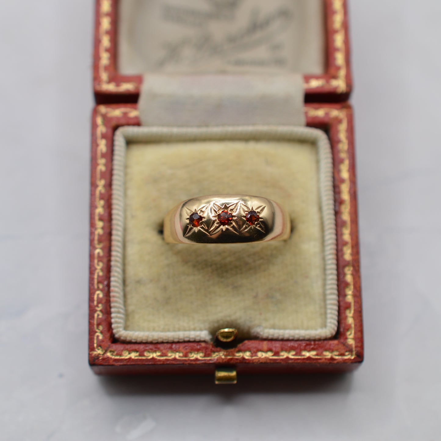 1970s Vintage 9ct Gold Garnet Trilogy Gypsy Ring