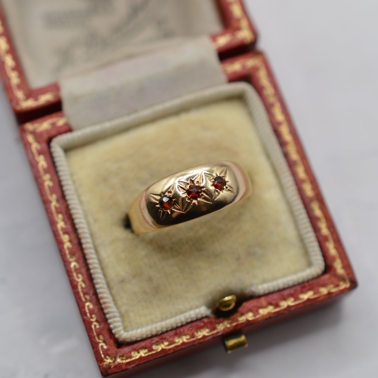 1970s Vintage 9ct Gold Garnet Trilogy Gypsy Ring