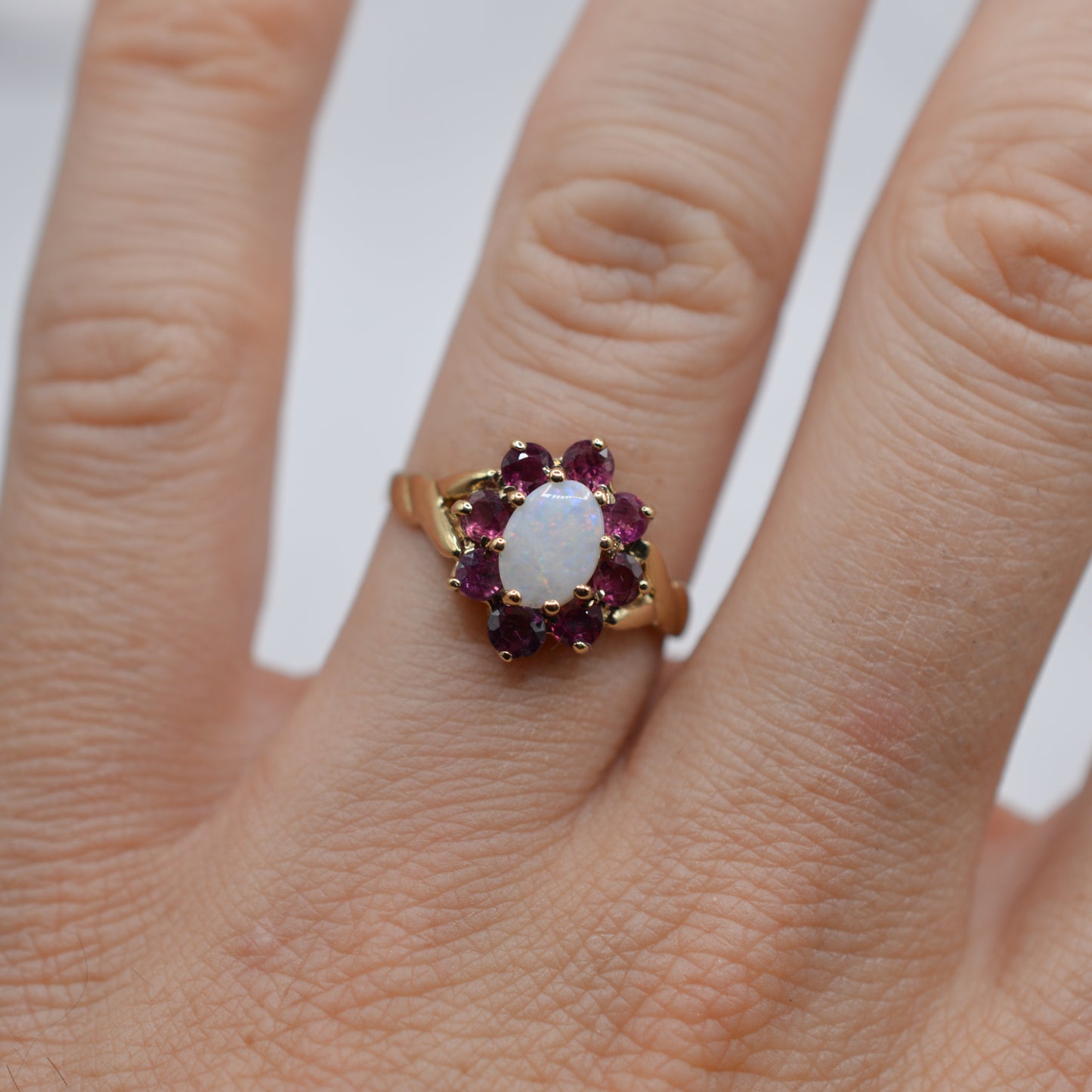 1980s Vintage 9ct Gold Opal & Ruby Cluster Ring