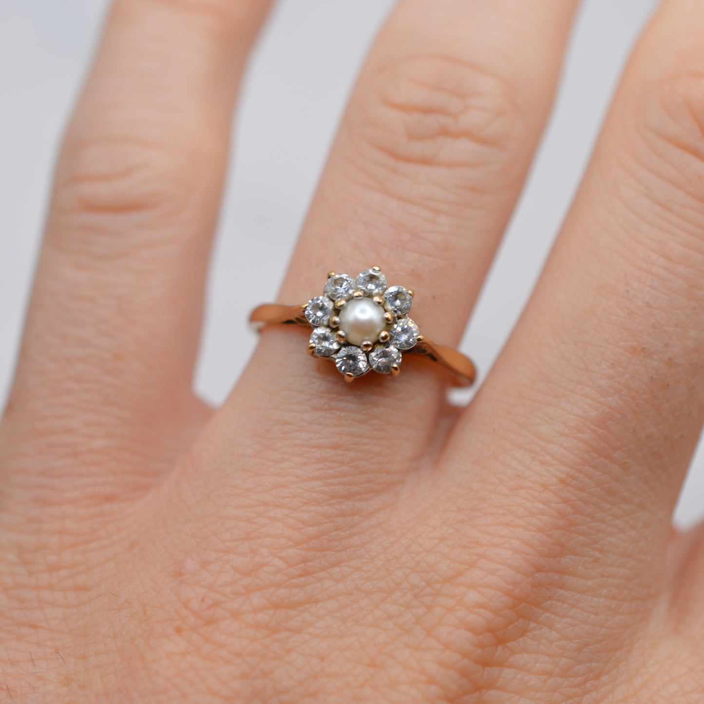 1980s 9ct Gold Pearl and C/Z Floral Cluster Ring